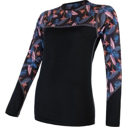 Dámské termo tričko SENSOR Merino impress černá/floral (Velikost S, Barva černá)