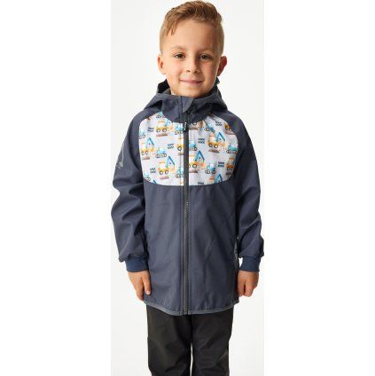 Dětská softshellová bunda UNUO bez zateplení Basic, Tm. Šedá, Bagry (Velikost 80/86, Věk 12-18 měsíců)