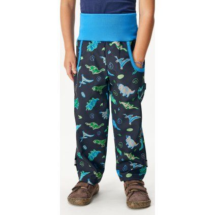 Dětské softshellové kalhoty UNUO s fleecem Basic, Navy, Dino (Velikost 98/104, Věk 2-4 roky)